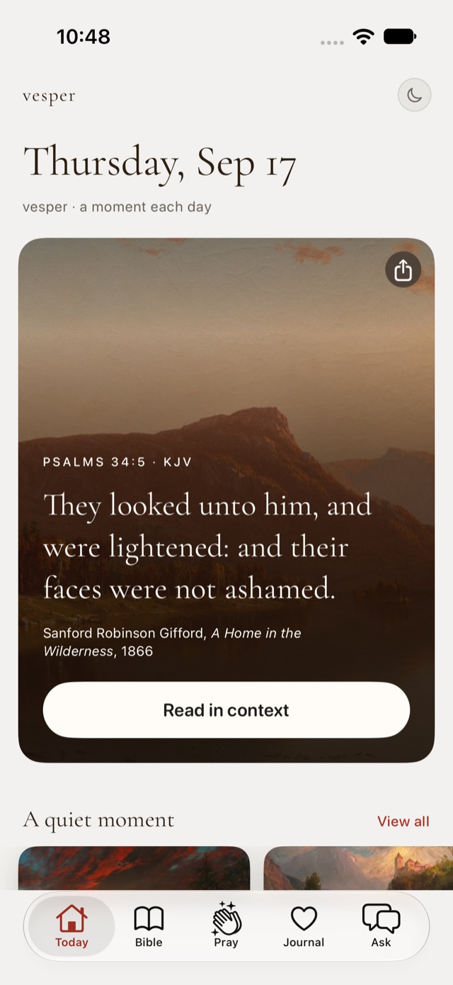 The app's Today screen: Psalms 34:5 in the King James Version set over a Sanford Robinson Gifford landscape, with a Read in context button