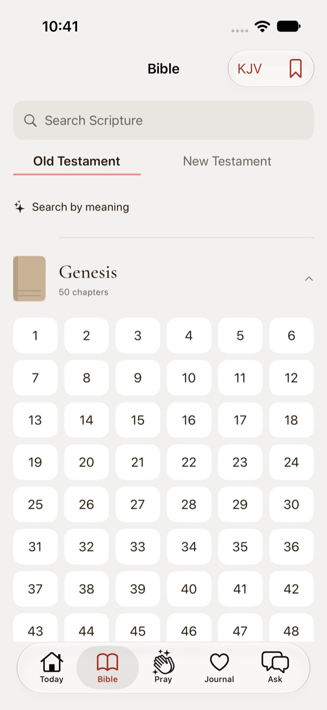 Bible index showing Genesis expanded into a grid of 50 chapter buttons, with a search field and a Search by meaning option