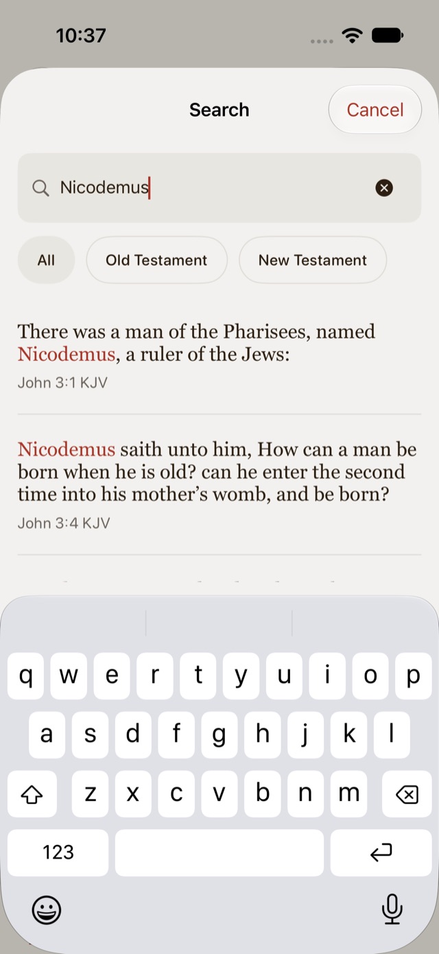 Search sheet with the word Nicodemus typed, showing matching verses from John 3 with the search term highlighted