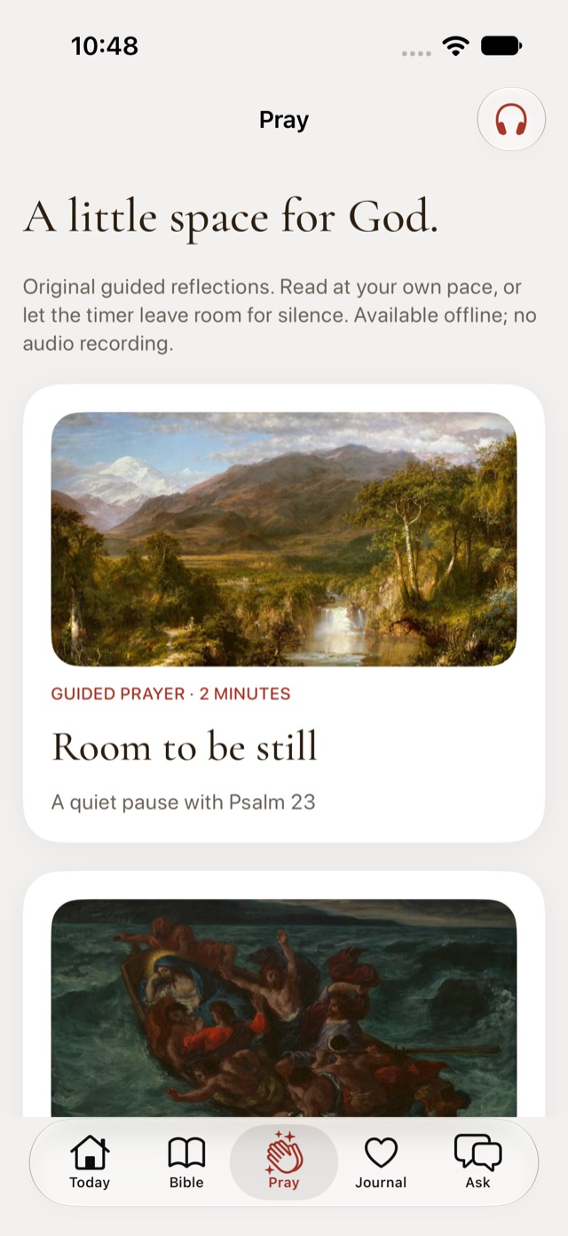 Pray tab headed A little space for God, with guided prayer cards illustrated by landscape paintings