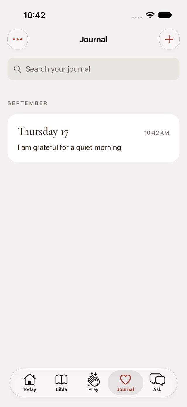 Journal list with a single entry dated Thursday 17 reading I am grateful for a quiet morning, linked to Psalms 34:5