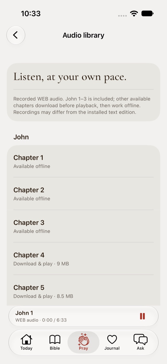 Audio library headed Listen, at your own pace, listing chapters of John with some available offline and others ready to download