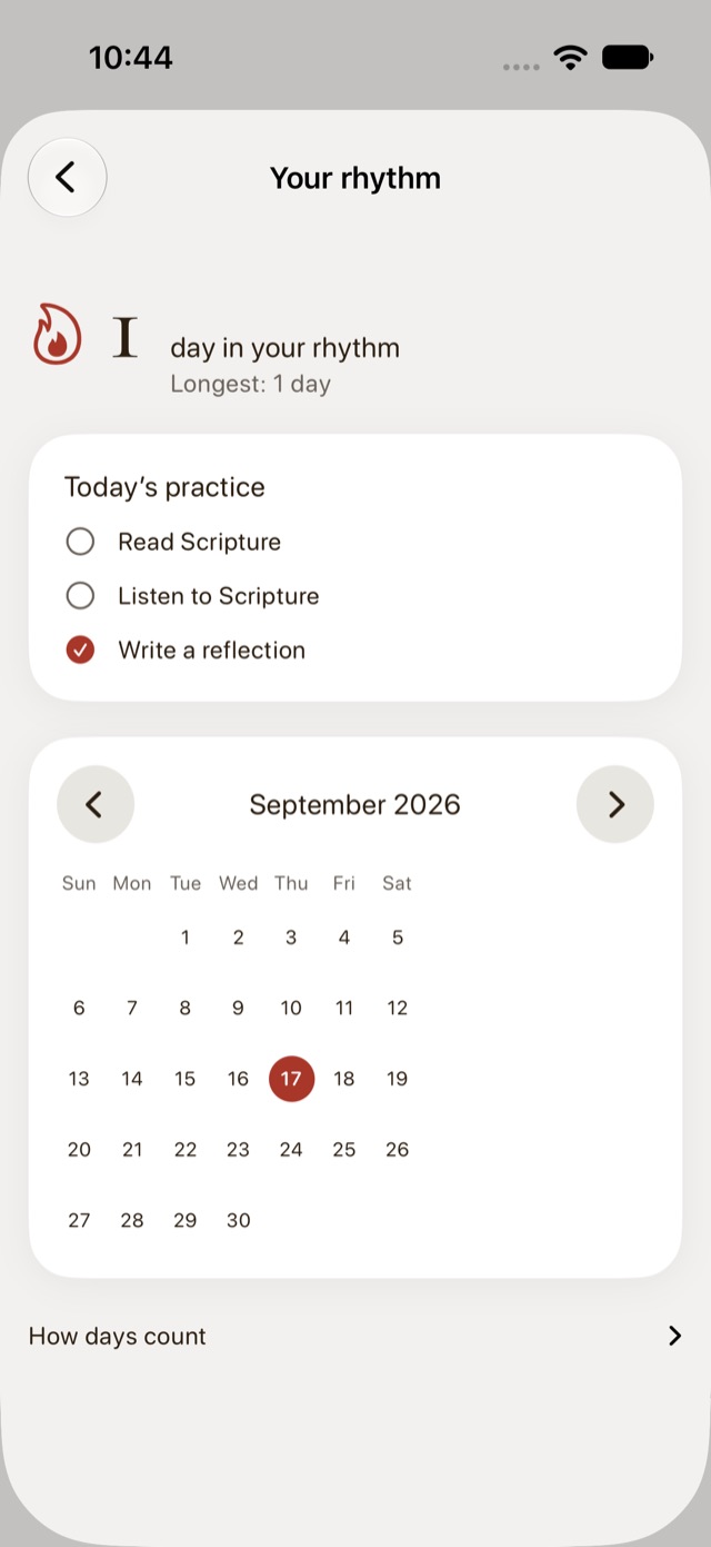 Your rhythm screen showing a streak of one day, a checklist of today's practice, and a September calendar